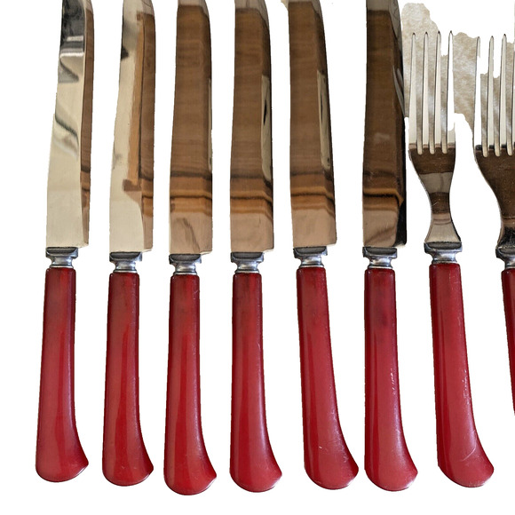 Vintage RED Bakelite Handle Silverware 11 Utensils Knives & Forks Flatware - Picture 11 of 13